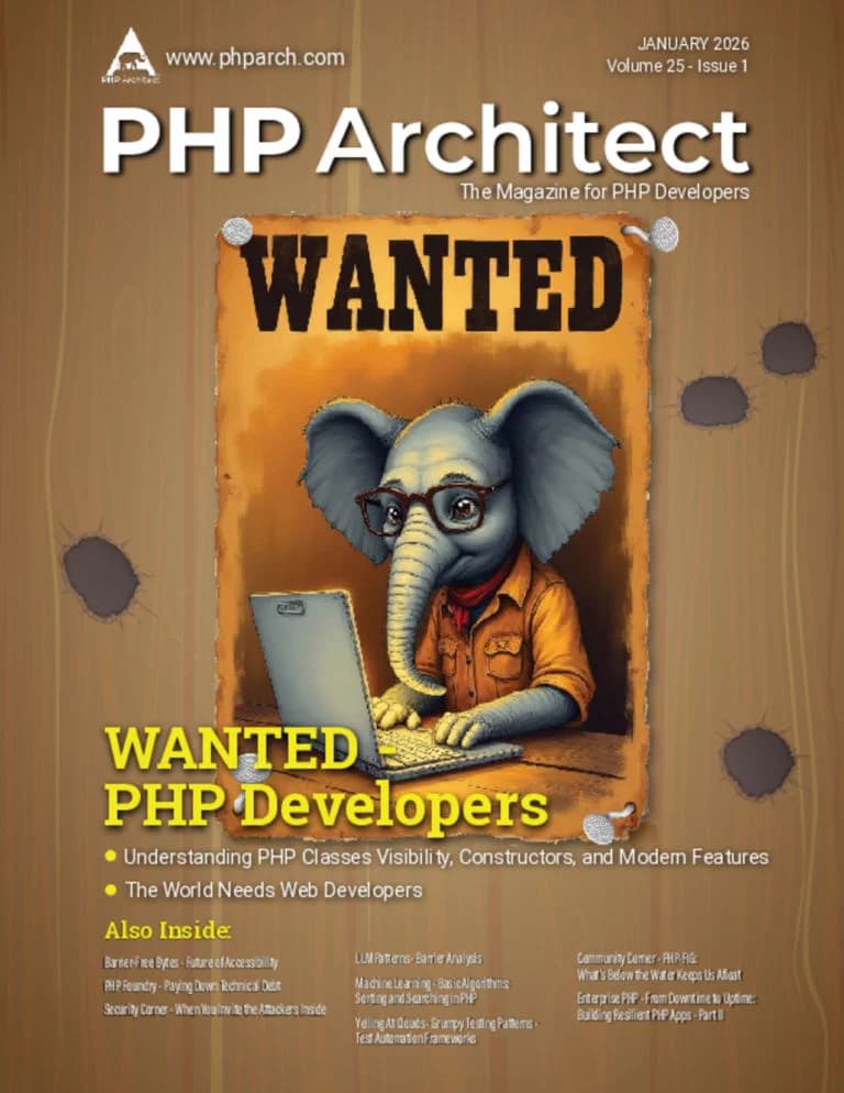 PHP Architect magazine cover, January 2026 — Wanted: PHP Developers issue